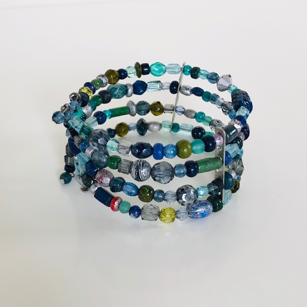 Beaded Flexible Cuff Bracelet with Blue & Green Multicolored Beads - Picture 2 of 8